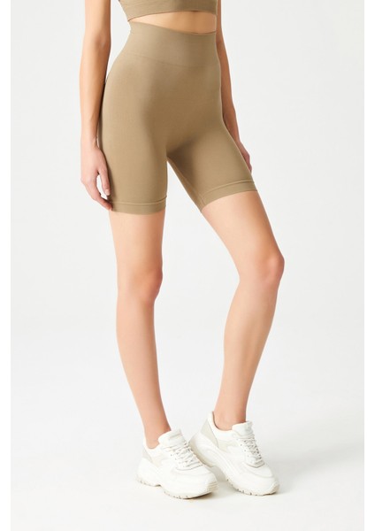 Haki Yüksek Bel Dikişsiz Toparlayıcı Kısa Spor Tayt Seamless Biker modelleri
