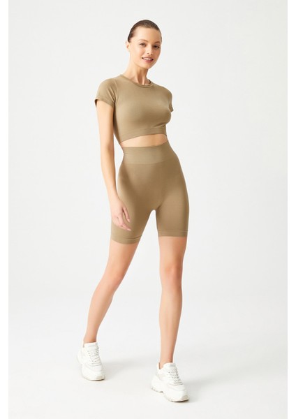 Haki Yüksek Bel Dikişsiz Toparlayıcı Kısa Spor Tayt Seamless Biker fırsatları