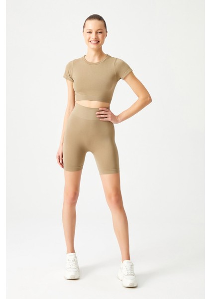Haki Yüksek Bel Dikişsiz Toparlayıcı Kısa Spor Tayt Seamless Biker