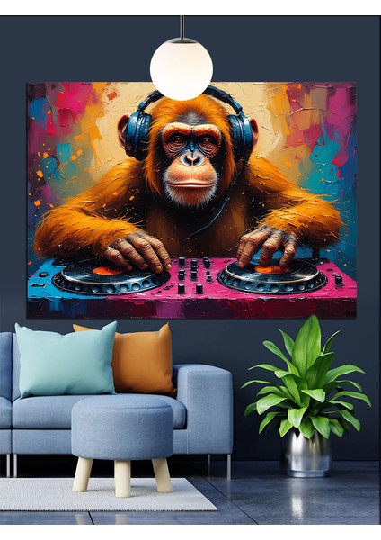 Dj Kulaklıklı Maymun Çizimi Dekoratif Kanvas - Mdf Ahşap Tablo