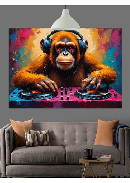 Dj Kulaklıklı Maymun Çizimi Dekoratif Kanvas - Mdf Ahşap Tablo fırsatları