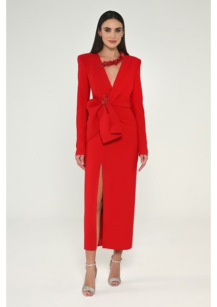 Alfa Beta Uzun Kollu Vatkalı V Yaka Yırtmaçlı Midi Abiye Elbise