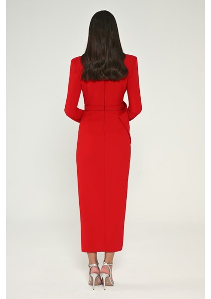 Alfa Beta Uzun Kollu Vatkalı V Yaka Yırtmaçlı Midi Abiye Elbise modelleri