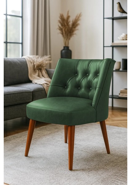 milano Berjer Modern Tekli Koltuk - Deri Kumaş - Ahşap Demonte Ayak - Yeşil