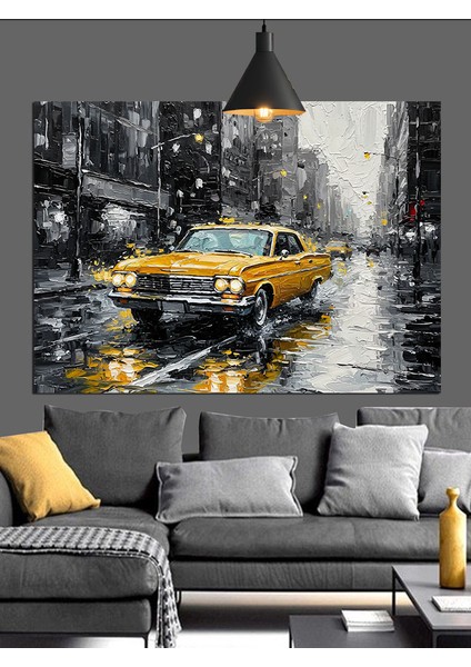 Yağmurlu Sarı Taksi Dekoratif Kanvas - Mdf Ahşap Tablo