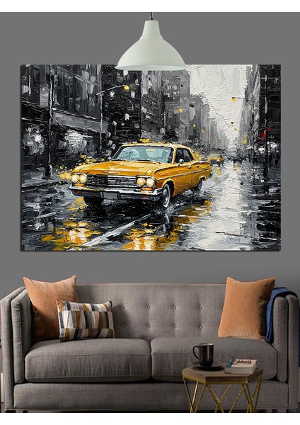Yağmurlu Sarı Taksi Dekoratif Kanvas - Mdf Ahşap Tablo fiyatları