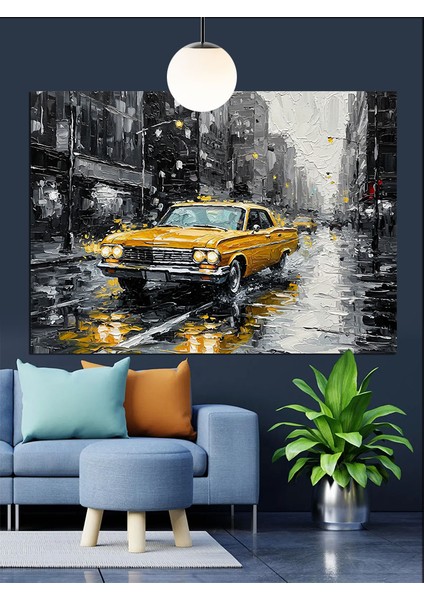 Yağmurlu Sarı Taksi Dekoratif Kanvas - Mdf Ahşap Tablo fırsatları