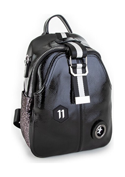 1032 Kadın Kalın Fermuar Şerit Kolon Detaylı Sırt Çantası Siyah Simli