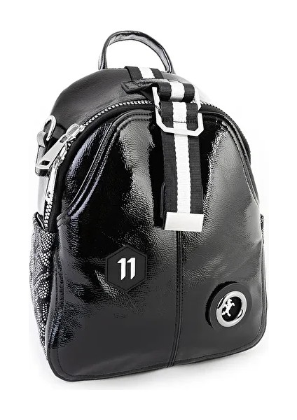 1032 Kadın Kalın Fermuar Şerit Kolon Detaylı Sırt Çantası Siyah Simli modelleri