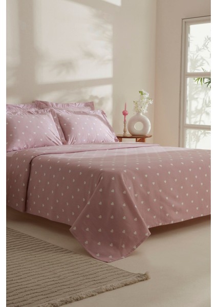 Amour Çift Kişilik %100 Pamuk Pembe Kalp Desenli Pike Takımı 4 Parça 200x220 cm