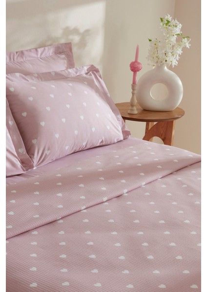 Amour Çift Kişilik %100 Pamuk Pembe Kalp Desenli Pike Takımı 4 Parça 200x220 cm