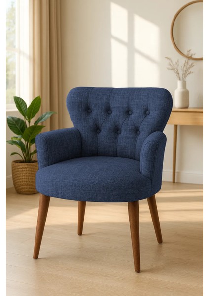 roma Berjer Modern Tekli Koltuk - Keten Kumaş - Ahşap Demonte Ayak - Mavi