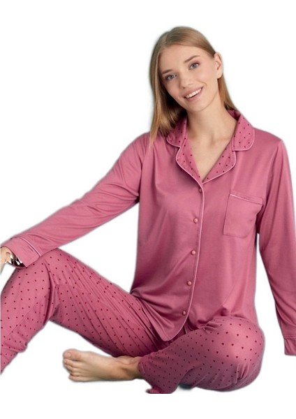 Giulia Eleganza Uzun Kol Önden Düğmeli Kadın Pijama Takımı Ev Giyim Hediyelik