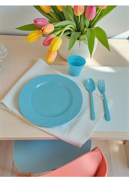 Mavi Kaliteli Sert Plastik Tabak Kaşık Çatal Bardak Seti 6 Kişilik