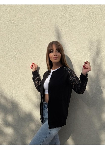 Kadın Uzun Kollu Kolları Dantel Detay Önden Fermuarlı Viskon Iki Iplik Ceket fiyatları