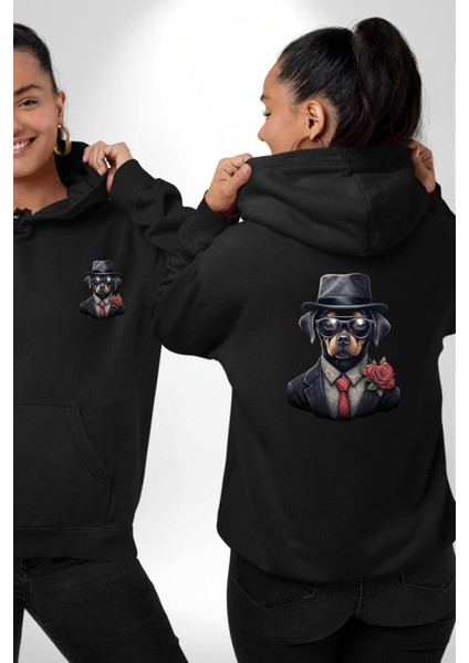 Kırmızı Güllü Takım Elbiseli Şık Köpek Siyah Kapüşonlu Sweatshirt Kadın Erkek Ön Minimal Sırt Baskılı