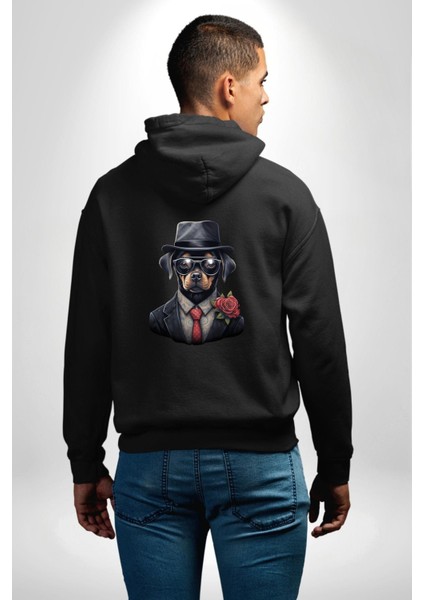 Kırmızı Güllü Takım Elbiseli Şık Köpek Siyah Kapüşonlu Sweatshirt Kadın Erkek Ön Minimal Sırt Baskılı modelleri