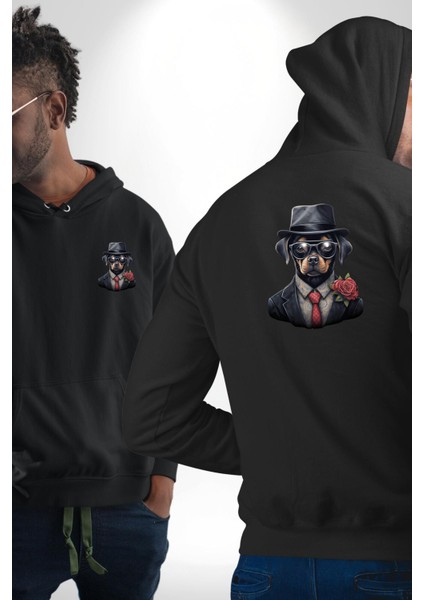 Kırmızı Güllü Takım Elbiseli Şık Köpek Siyah Kapüşonlu Sweatshirt Kadın Erkek Ön Minimal Sırt Baskılı fırsatları