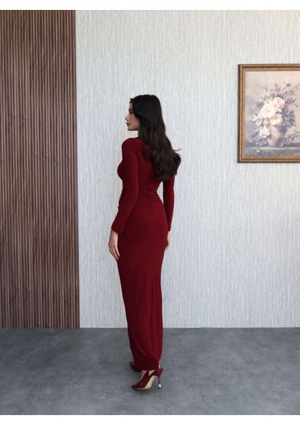 Aksesuar Dekolteli Büzgülü Uzun Elbise indirimleri