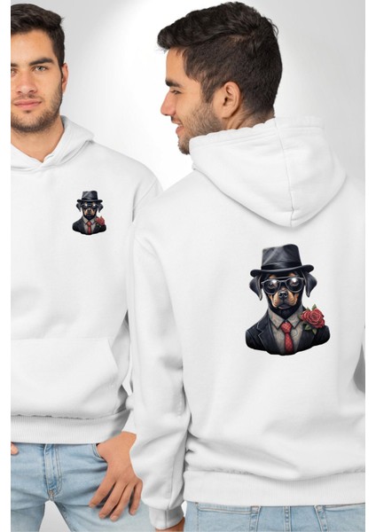 Kırmızı Güllü Takım Elbiseli Şık Köpek Beyaz Kapüşonlu Sweatshirt Kadın Erkek Ön Minimal Sırt Baskılı