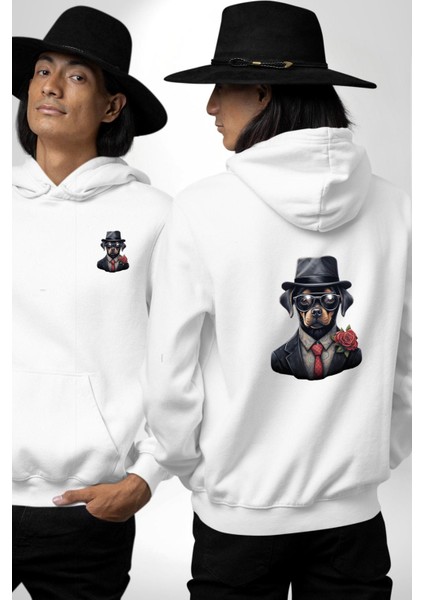 Kırmızı Güllü Takım Elbiseli Şık Köpek Beyaz Kapüşonlu Sweatshirt Kadın Erkek Ön Minimal Sırt Baskılı fırsatları