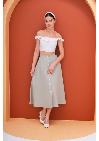 Düğme Detaylı Cepli Yeşil Midi Etek