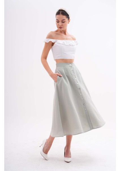 Düğme Detaylı Cepli Yeşil Midi Etek fiyatları