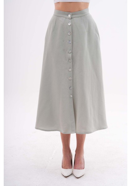 Düğme Detaylı Cepli Yeşil Midi Etek modelleri