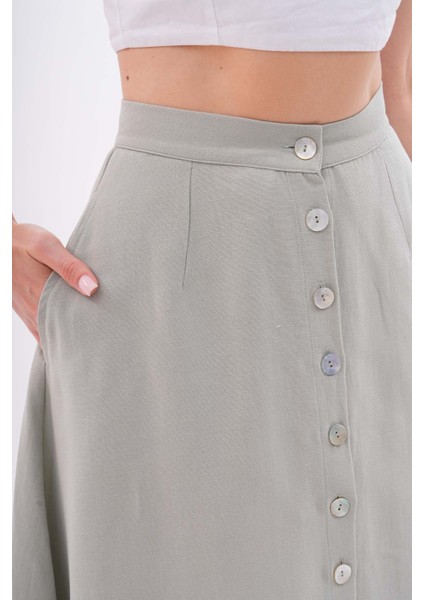 Düğme Detaylı Cepli Yeşil Midi Etek fırsatları