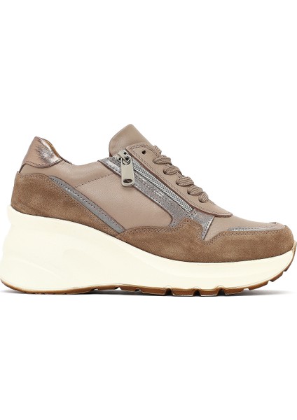 Kadın Vizon Bağcıklı Fermuar Detaylı Dolgu Topuklu Deri Sneaker 25AFD370514