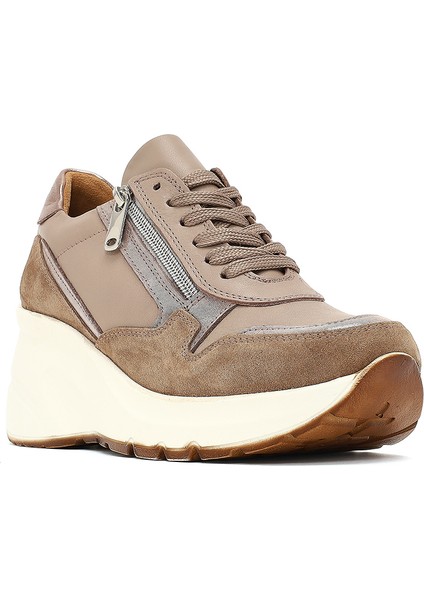 Kadın Vizon Bağcıklı Fermuar Detaylı Dolgu Topuklu Deri Sneaker 25AFD370514