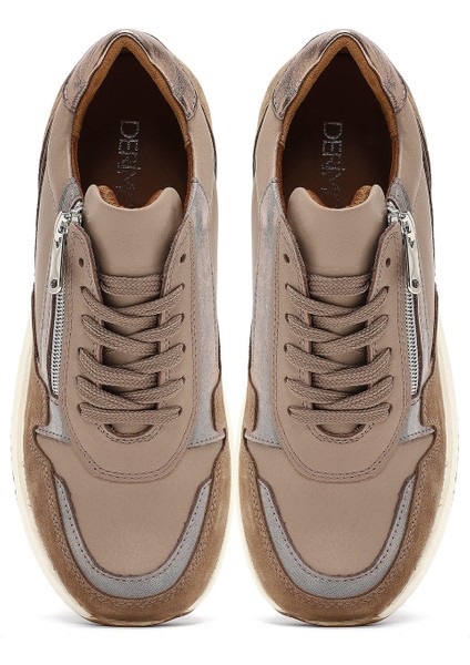 Kadın Vizon Bağcıklı Fermuar Detaylı Dolgu Topuklu Deri Sneaker 25AFD370514