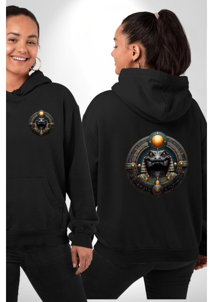 Nil Tanrısı Sobek Antik Mısır Koruyucu Enerjili Siyah Kapüşonlu Sweatshirt Kadın Erkek Ön Minimal Sırt Baskılı