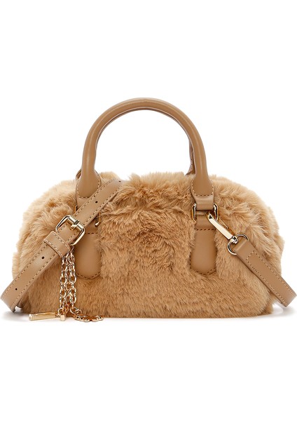 Kadın Bej Uzun Askılı Aksesuar Detaylı Peluş Mini Kol Çantası 25WBD2459PH