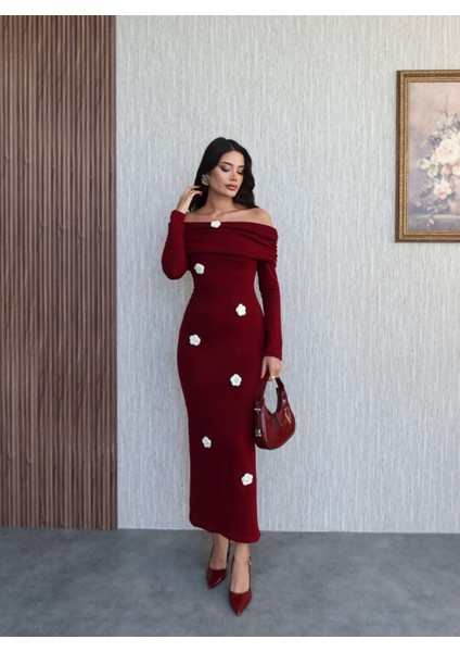 Açık Omuz Çiçek Örgülü Triko Elbise