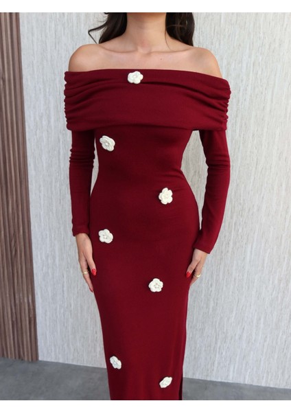 Açık Omuz Çiçek Örgülü Triko Elbise modelleri