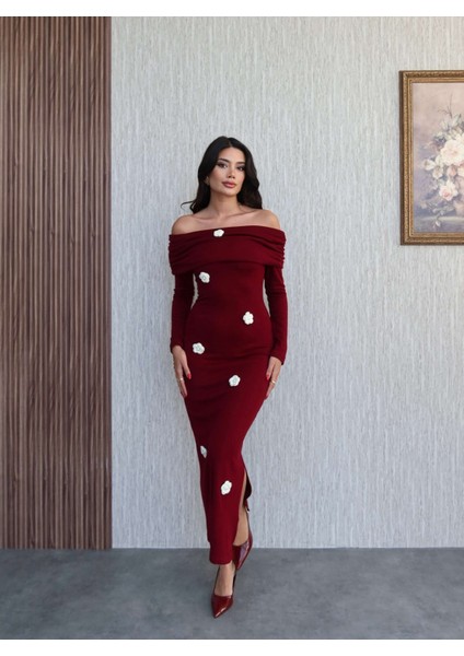 Açık Omuz Çiçek Örgülü Triko Elbise fırsatları