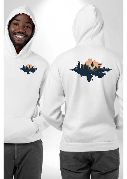 Şehir ve Helikopter Temalı Kurtarma Beyaz Kapüşonlu Sweatshirt Kadın Erkek Ön Minimal Sırt Baskılı