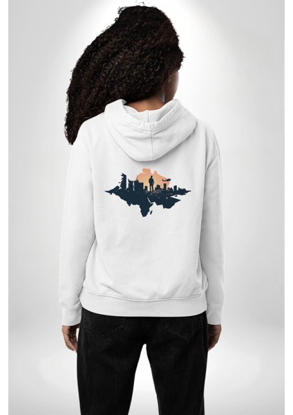Şehir ve Helikopter Temalı Kurtarma Beyaz Kapüşonlu Sweatshirt Kadın Erkek Ön Minimal Sırt Baskılı modelleri