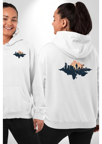 Şehir ve Helikopter Temalı Kurtarma Beyaz Kapüşonlu Sweatshirt Kadın Erkek Ön Minimal Sırt Baskılı fırsatları