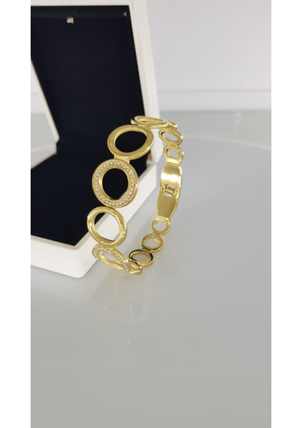 Halka Taşlı Çelik Kelepçe Bilezik C142-1