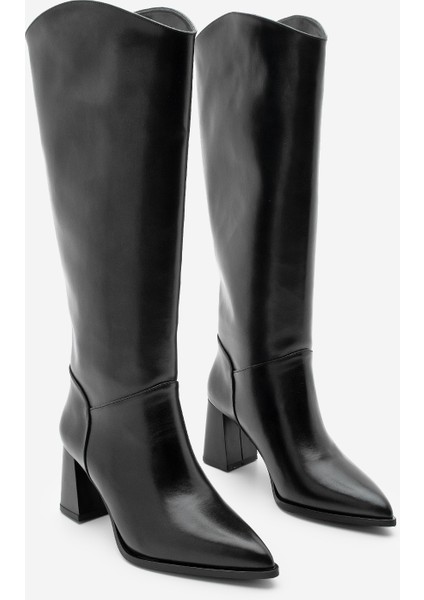 Kadın Sivri Burun Kalın Topuklu Fermuarsız Topuklu Çizme Tines Siyah indirimleri