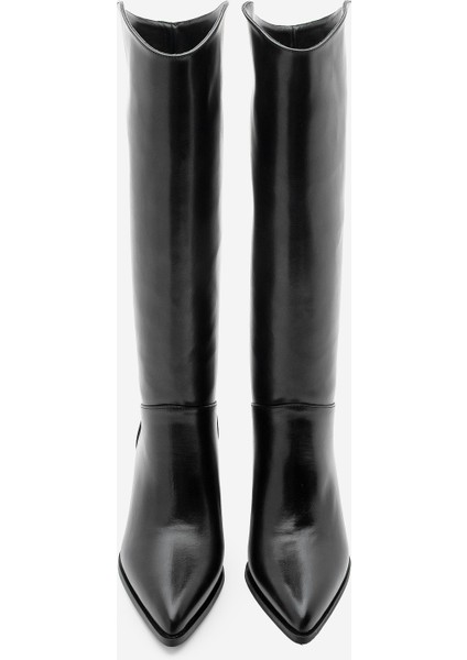 Kadın Sivri Burun Kalın Topuklu Fermuarsız Topuklu Çizme Tines Siyah