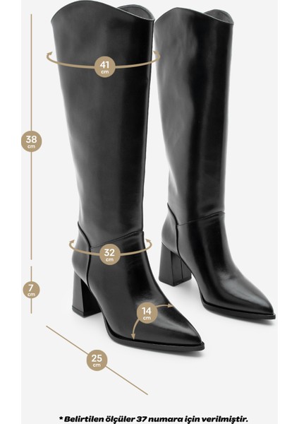 Kadın Sivri Burun Kalın Topuklu Fermuarsız Topuklu Çizme Tines Siyah