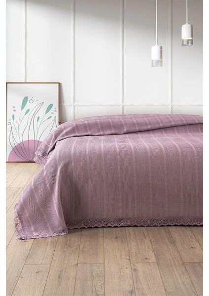%100 Pamuk Çift Kişilik Kopanaki Dantelli Waffle Pike 210x230 cm-Lila