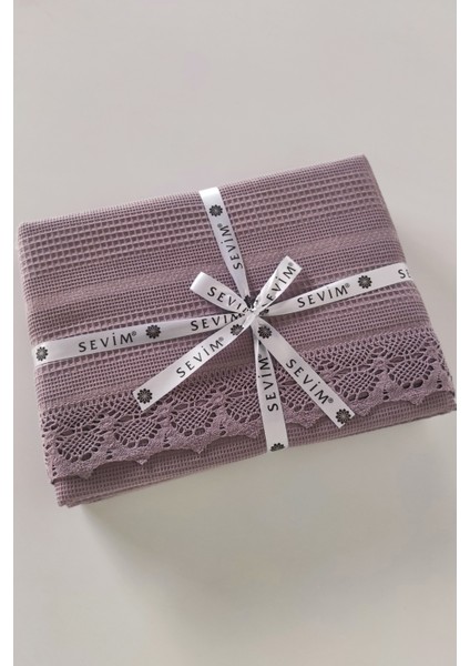 %100 Pamuk Çift Kişilik Kopanaki Dantelli Waffle Pike 210x230 cm-Lila