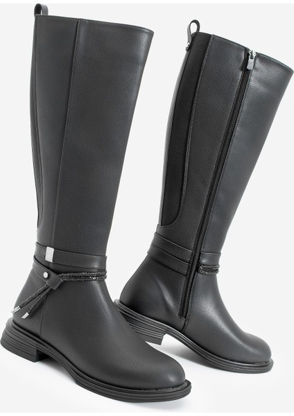 Kadın Taşlı Tokalı Lastikli Günlük Çizme Nayet Siyah