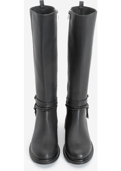 Kadın Taşlı Tokalı Lastikli Günlük Çizme Nayet Siyah