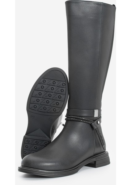 Kadın Taşlı Tokalı Lastikli Günlük Çizme Nayet Siyah