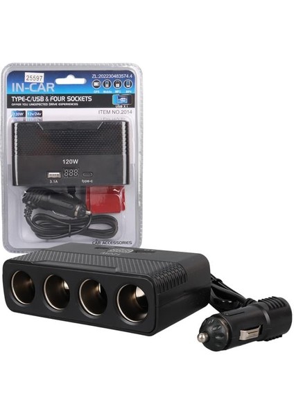2014 12-24V Type-C + Usb-A Girişli 120W 80CM Kablolu 4'lü Araç Çakmak Çoklayıcı